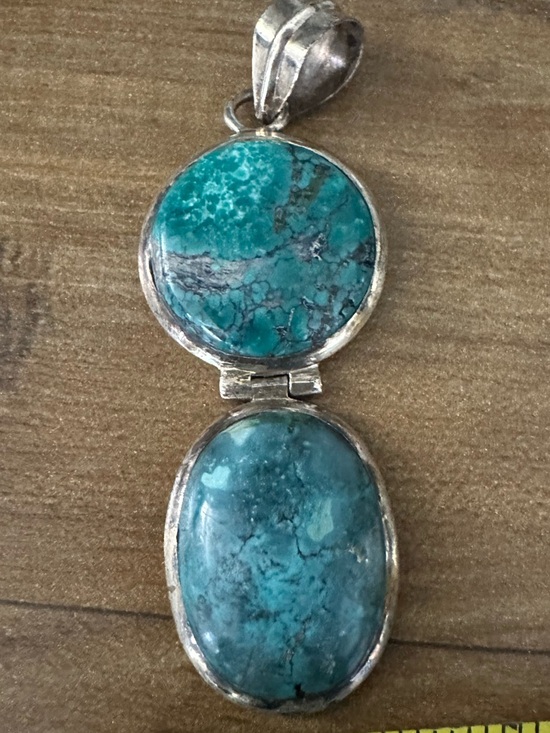 925 Sterling Silver Jewelry - Vintage Turquoise Double Stone Pendant Necklace - Blue Green Sterling-Style